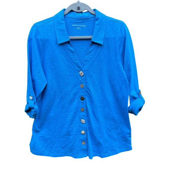 New Soft Surroundings Womens Medium Heathered Button Up Half Sleeve Shirt - Picture 1 of 6